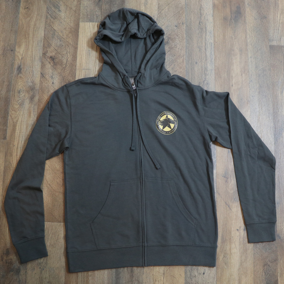 HoodieFullZip_YellowBlackLogo_Front_Grey Dark Horse Logo Full Zip Hoodie Grey